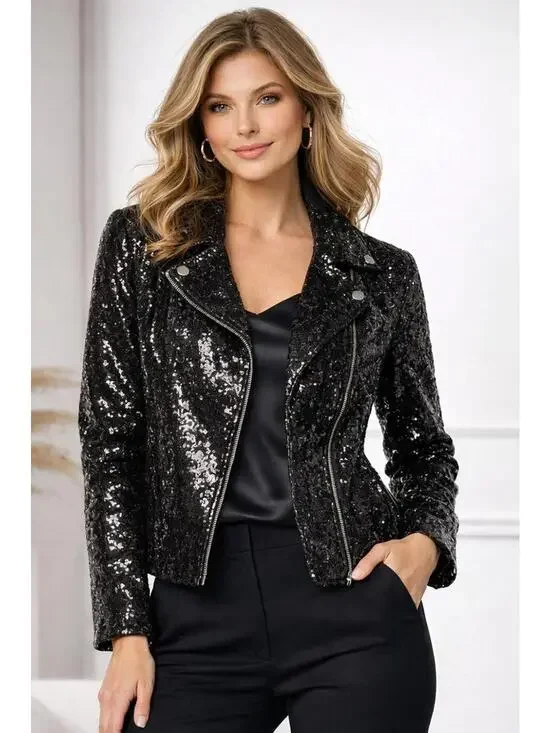 NWT Colleen Lopez Black Sequin Moto Jacket Sparkly Biker Blazer Size 3X - Picture 1 of 7